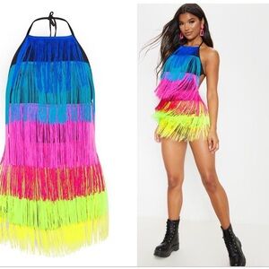 PrettyLittleThing Neon Fringe Party play suit/romper